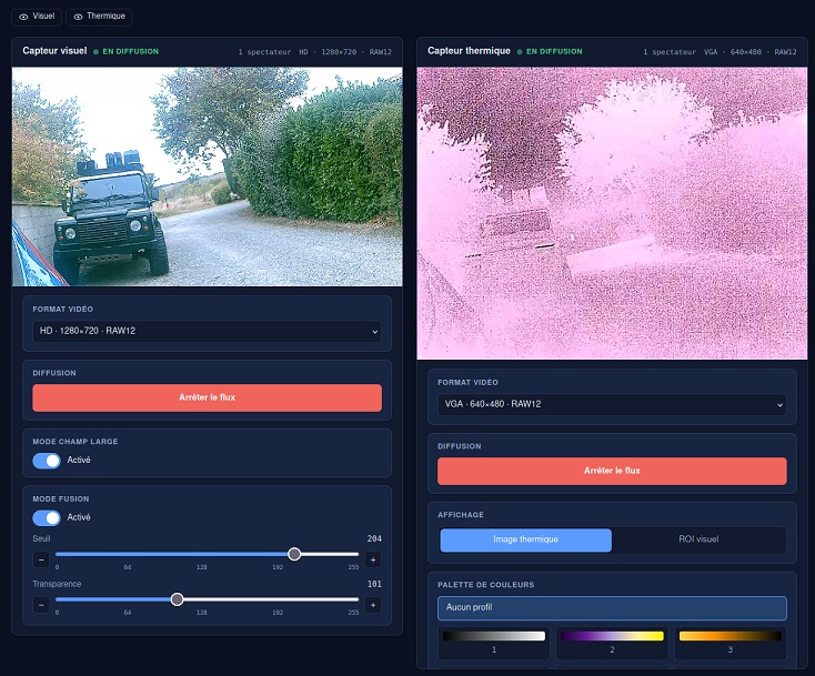 XPLOCAM console: visible and thermal stream monitoring, video format selection, and fusion, threshold and transparency settings