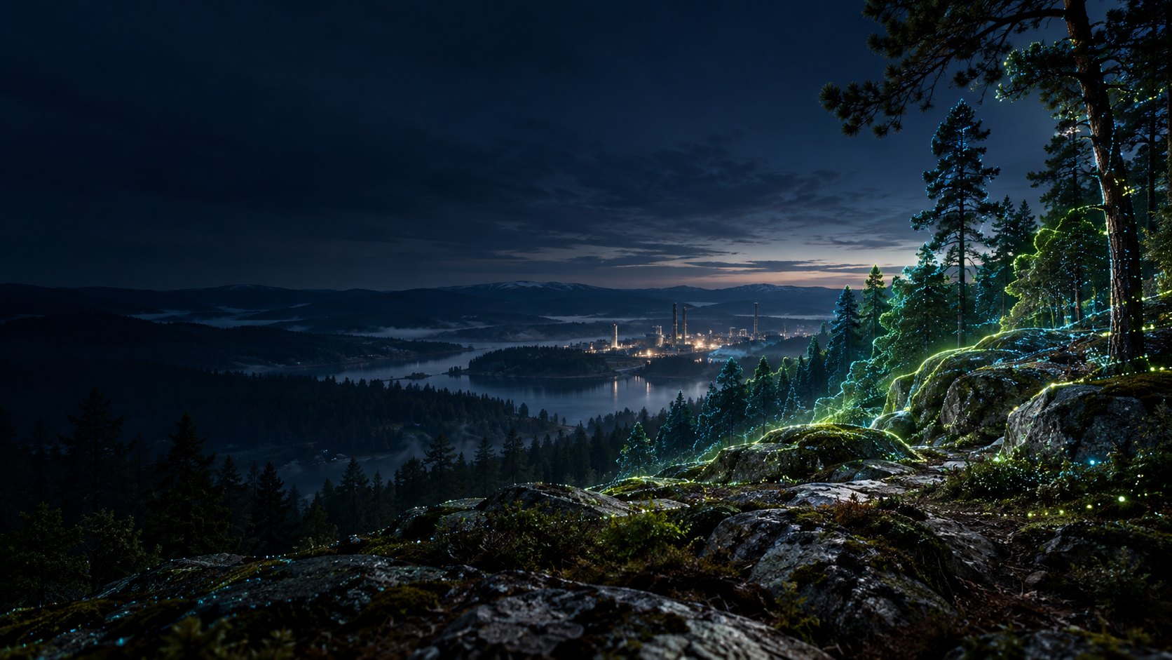 Conceptual illustration of a physical landscape revealed through luminous outlines